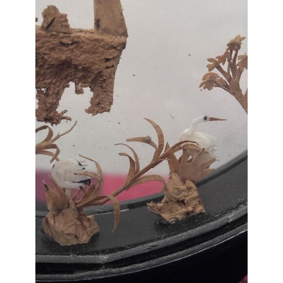 Vintage Chinese Cork Wood Diorama Carving Framed Sculpture Pagoda Cranes 7.5" - Picture 5 of 6